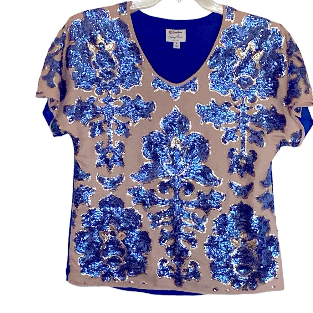 Neiman Marcus Tracy Reese top, blue sequin on tan/beige, size S